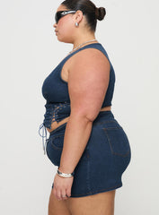 Popular Low Rise Mini Skirt Mid Blue Wash Curve