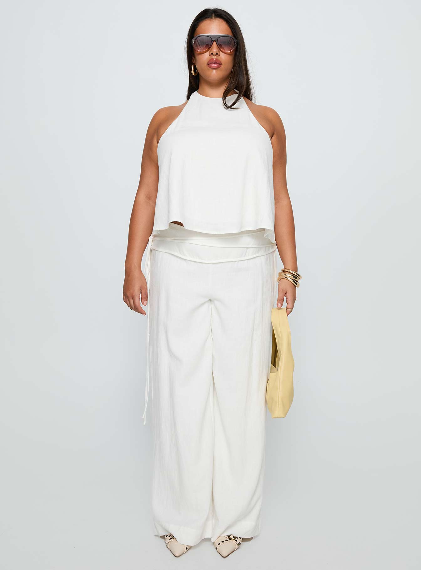 Aquaria Halter Linen Blend Top White Curve